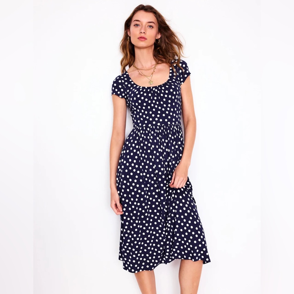 Boden Samantha Scoop Jersey Navy and White Polka Dot Midi Dress